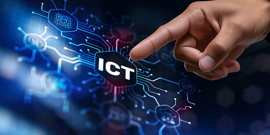 Ict.,Information,And,Communication,Technology,Concept,On,Abstract,Background. ICT. Information and communication technology concept on abstract background.